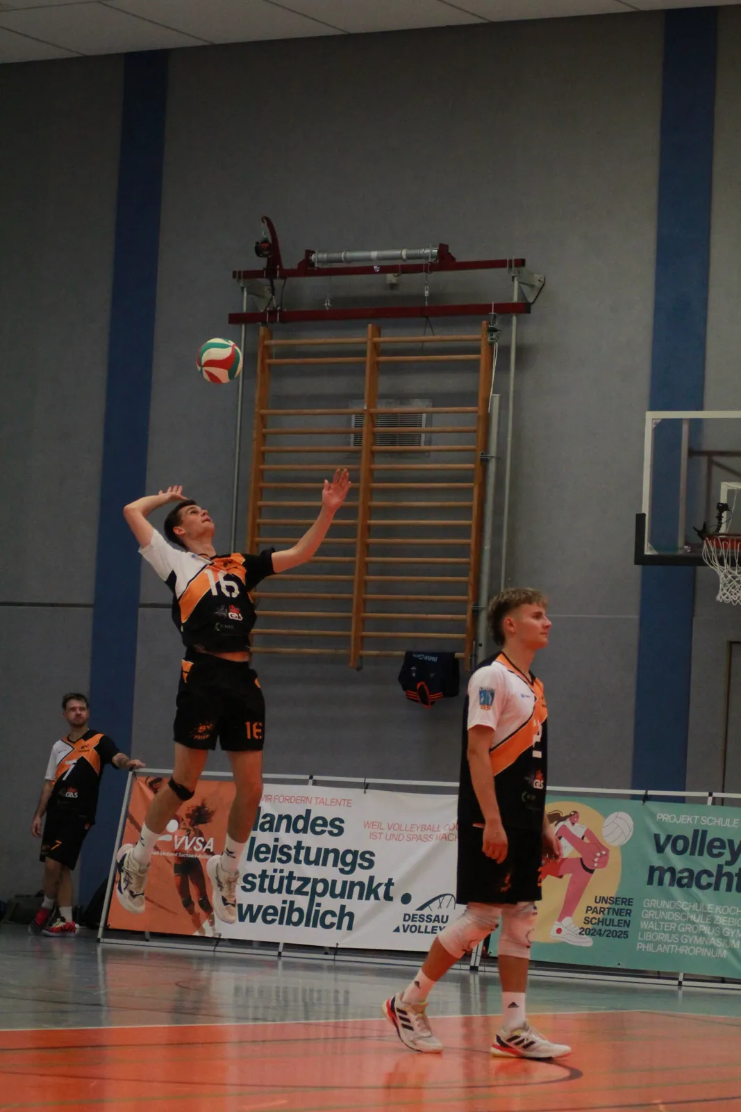 Aufschlag vor der Sprossenwand der Sporthalle