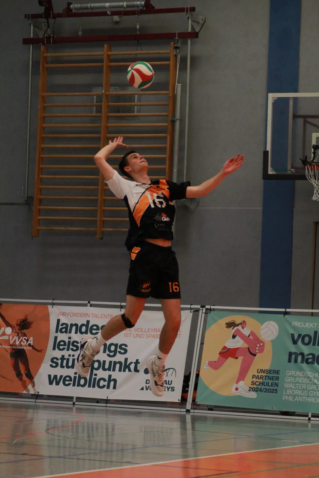 Sprungaufschlag mit Anlauf in der Sporthalle