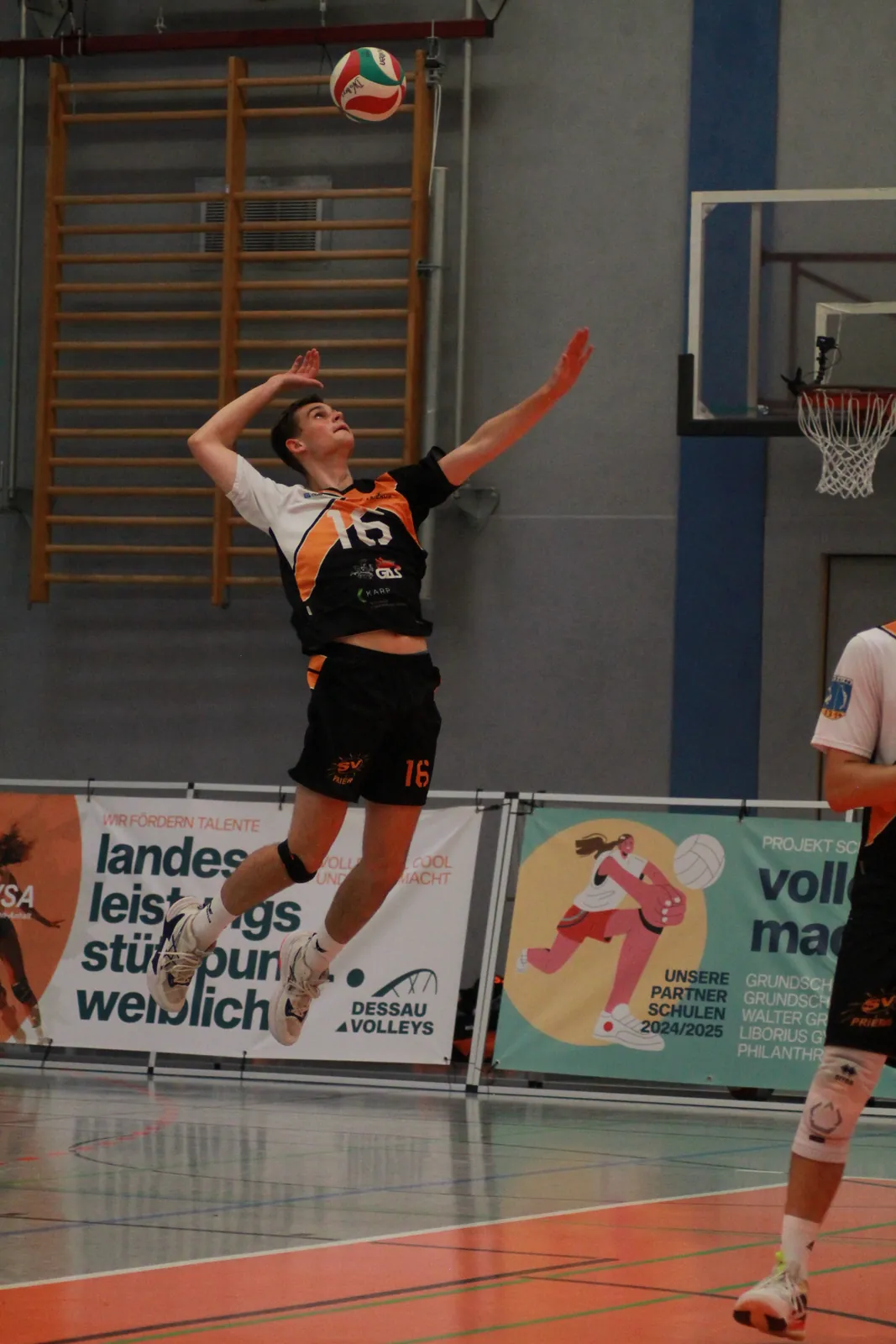 Sprungaufschlag im Scheitelpunkt mit dem Ball im Bild